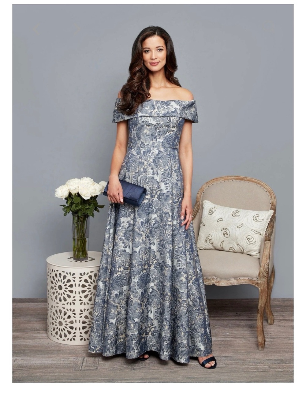 Alex Evenings Off-the-shoulder Blue Floral Jacquard Gown
